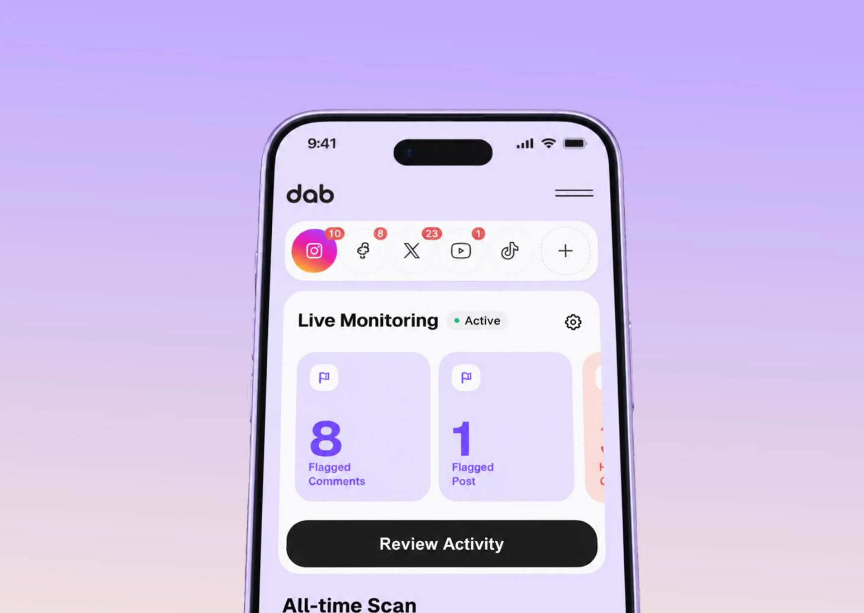 dab mobile app showing live monitoring, flagged comments and flagged posts.