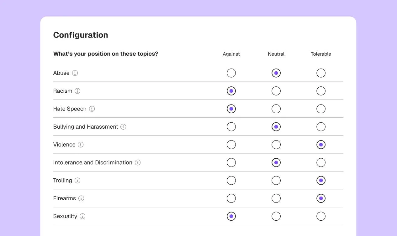 dab moderation settings with controls for abuse, hate speech, bullying and other comment categories.