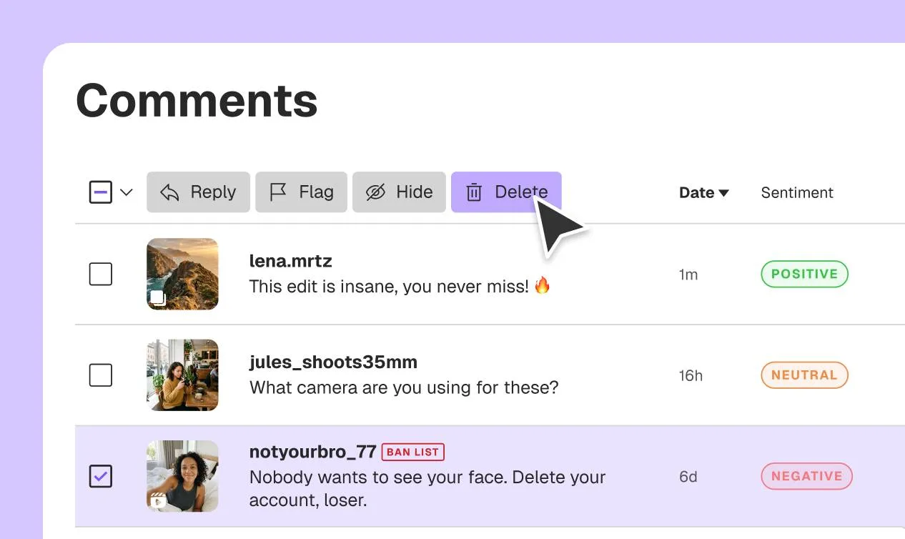 dab comment dashboard with selected comments and bulk reply, flag, hide and delete actions.