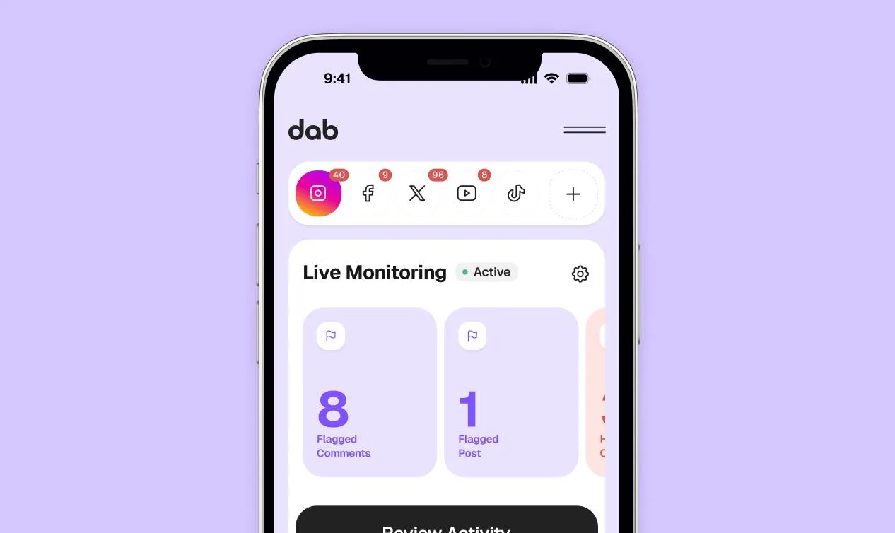 dab mobile dashboard showing live monitoring and flagged activity.