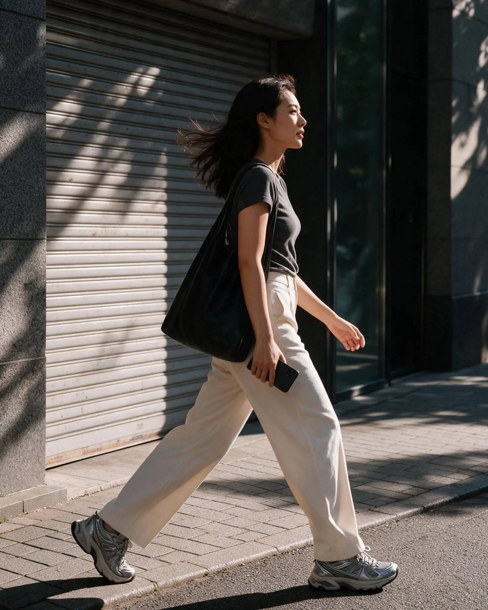 Woman walking along a city sidewalk.
